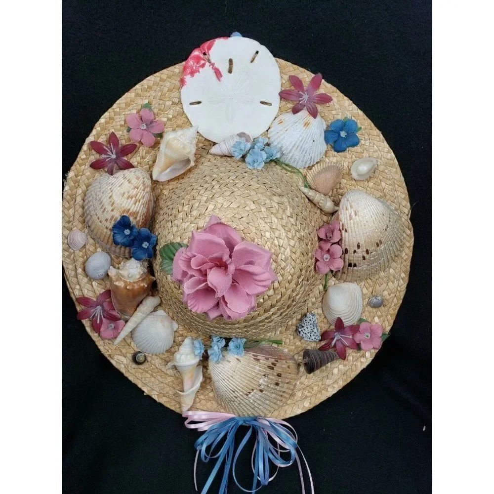 Vintage 14" Handmade Straw Hat Flowers Seashells Decor Grandma Cottagecore Beach